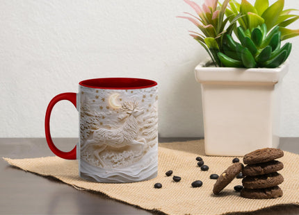 Elegant Reindeer Mug - Winter Moon and Forest Scene - Unique Christmas Ceramic Coffee Cup Gift Idea, 11oz Red
