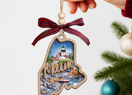 Maine State Christmas Wooden Ornament - 2-Layer Laser-Cut Wooden Keepsake - Rustic Holiday Decor & Ideal Travel Gift for Women Men Family & Friends - Maine Locals Gift
