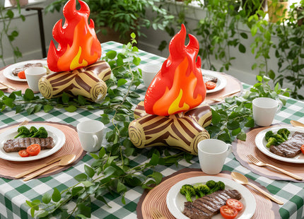 Halloscume Camping Birthday Party Decorations 2 Pcs 12 Inch Inflatable Fake Campfire Props 16 Wooden Slice Paper Placemats 1 Checkered Tablecloths for Campfire Birthday Party Supplies(Green Plaid)
