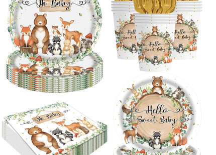 Gilyaoic 140pcs Woodland Animals Baby Shower Decoration Pack Forest Animal Neutral Gender Reveal Party Supplies Woodland Themed Birthday Party Ideas Set