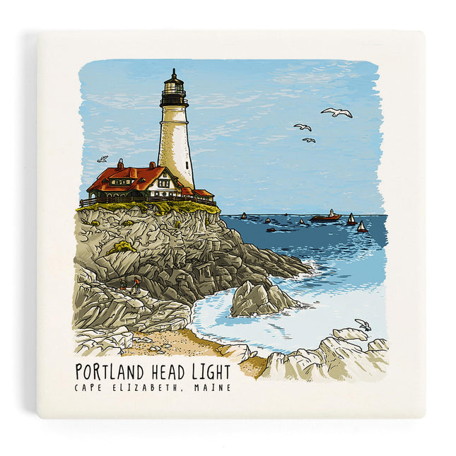 Lantern Press Portland Head Lighthouse, Maine, Line Drawing (Absorbent Ceramic Coaster, Single, Cork Back, Kitchen Table Decor)