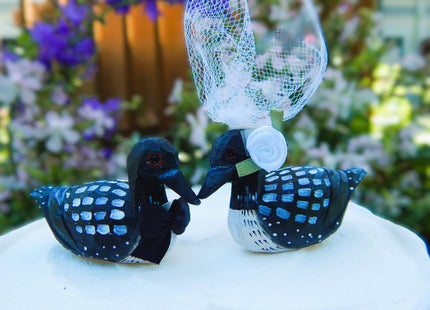 Loon Cake Topper Love Duck Bride & Groom Wedding Engagement Anniversary Handmade Carved Wood Statue