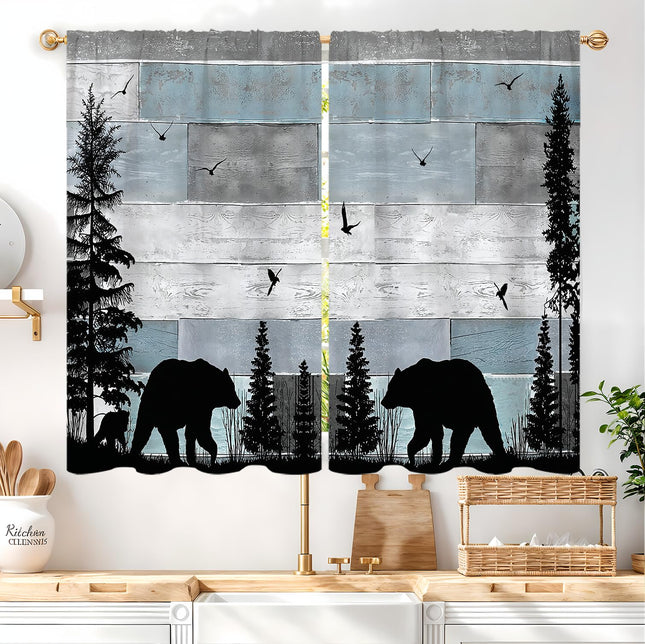 Famiffty Rustic Cabin Bear Kitchen Curtains 27.5W X 39L Inch 2 Panels Farmhouse Country Forest Vintage Retro Camping Old Blue Wooden Plank Small Short Cafe Tier Window Drapes Hunting Bathroom Decor