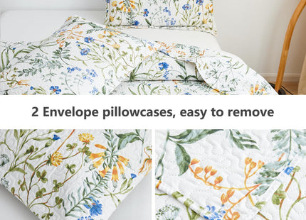 Jarson Country Floral Quilts Bedspreads King Size, 3Pcs Lightweight Spring Summer Quilt Set Botanical Flowers Coverlets Reverisible Rustic Lodge Bedding Pillow Shams