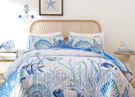 DJY Ocean Coastal Quilt King Size, 3 Pcs Beach Theme Bedspread Coverlet Set