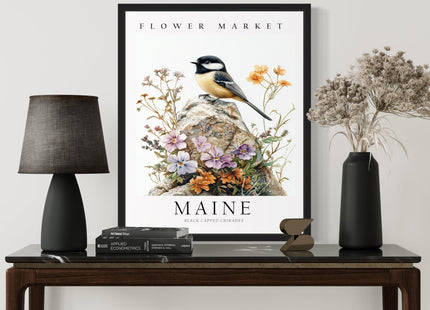 Maine Unframed Art Print Poster, State Bird Wall Art Wildlife Animal Botanical Decoration for Bedroom, Living Room Bathroom Decor 77 (Maine, 20"L x 16"W, Unframed)