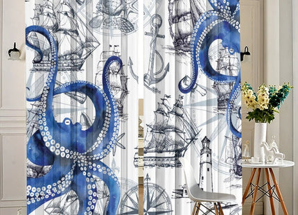 Cool Octopus Blackout Curtains - Retro Anime Nautical Theme Sailboat Lighthouse Blue Octopus Grommet Window Treatment Set Energy Saving Thermal Insulated Drapes for Living Room,2 Panels 63L x 21W