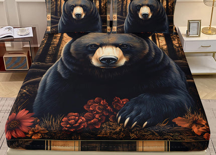 AILONEN Black Bear Fitted Sheet Set Queen Size,Hunting Woodland Wildlife Bedding Set,Country Rustic with 2 Pillowcases,3Pcs
