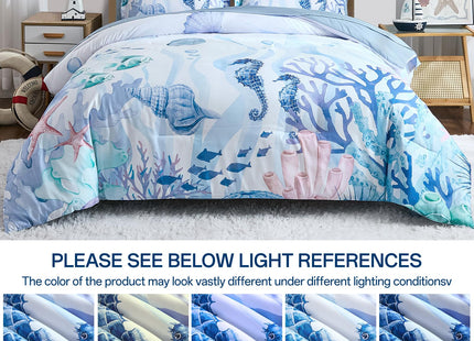 Coastal Comforter Set Queen, Coral Beach Themed Comforters Diving Deep Ocean Bedding with Sheets 7 Pieces Bed in a Bag for Spring Summer House Conch Decor