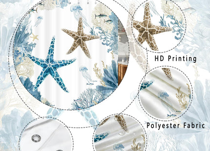Blue Beach Shower Curtain for Bathroom, Ocean Coastal Theme, 72x72 In