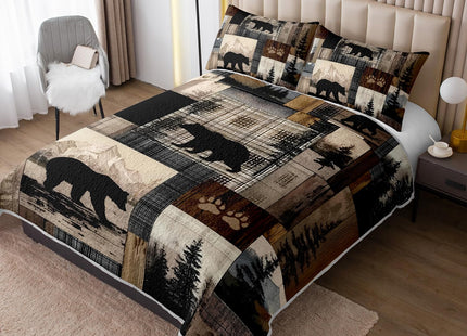 XYNHML Rustic Black Bear Quilts Bedding Twin 3Pcs Wildlife Bear Forest Pine Quilt Bed Set Retro Patchwork Grid Lightweight Bedspread Coverlet with 2 Pillowcases for Kid Boy Girl Teen Adult Bed Decor