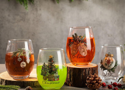 Potchen 4 Pcs Christmas Stemless Wine Glasses 18oz Cups, Holly Tree