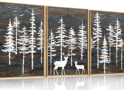 Celestdeco Vintage Pine Tree Deer Framed Canvas Wall Art Set-24"x36" x3