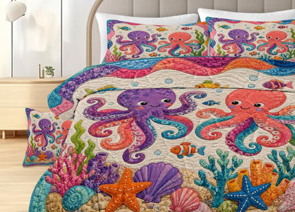 Sleepwish Octopus Ocean 4 Pieces Comforter Set, Playful Sea Animal Bedding with Fish Coral Shell Starfish Artwork, Soft Marine Coastal Bed Cover for Kids Room Full