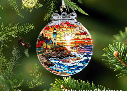 Lighthouse Stained Glass Christmas Ornament - Hanging Ornaments for Christmas Tree Decorations -Holiday Keepsake Present Exchange Idea