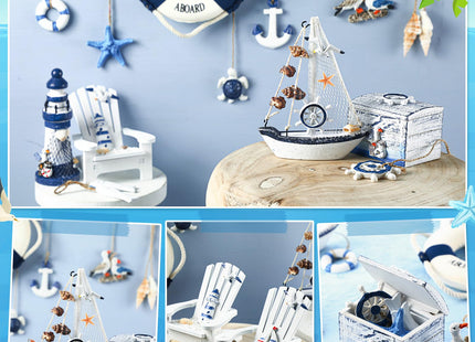 Yousoontic 14 Pack Mini Wood Nautical Home Decor Mediterranean Style Lighthouse, Beach Chair, Sailboat, Wood Box, Anchor, Life Ring, Starfish, Fish Pendant, Swimming Ring, Long Conch, Helmsman, Birds
