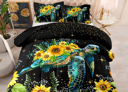 CVHOUSE Sea Turtle Comforter Set Twin Size,Ocean Turtle Sunflower Bedding Set for Kids,Ocean Turtle Sunflower Quilt Set Turtle Duvet Set Coastal Bedroom Decor 3 Pieces