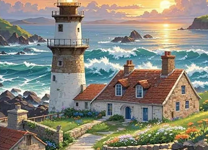 5D Ocean View Lighthouse Diamond Painting Kits For Adults Beginner,DIY Sunset,Housing,Flowers Diamond Art Kits For Adults,Round Full Drill Diamond Dots With Gem Art kits,Home Wall Decor 12X16inch