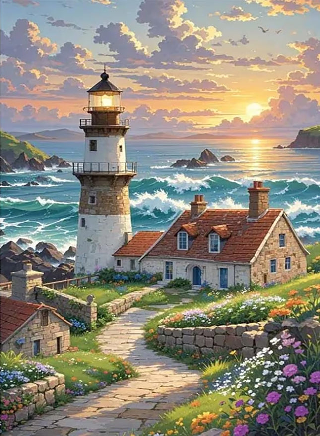 5D Ocean View Lighthouse Diamond Painting Kits For Adults Beginner,DIY Sunset,Housing,Flowers Diamond Art Kits For Adults,Round Full Drill Diamond Dots With Gem Art kits,Home Wall Decor 12X16inch