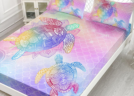 Datura home Bedding Fitted Sheet and Flat Sheet Set 4Pcs Boho Sea Turtle Printed Bedding Set with 1 Flat Sheet and 1 Fitted Sheet + 2 Pillowcases for Girls (Boho Turtle Full)