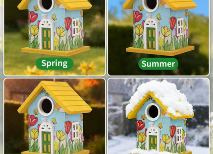 Wooden Bird Houses Bird House for Outside Yellow Wood Bird House for Outdoors,Handmade Painted Tulips Bird Houses for Garden Blue Bird Hummingbird Wren Cardinal Swallow Sparrow Finch Chickadee