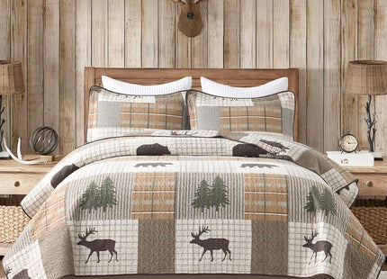 PERHOM Quilt King Size, 100% Cotton King Size Quilt, Lodge Cabin Farmhouse King Quilt, Brown Beige Green Plaid Lightweight Soft Quilted Bedspread Sets for All Season, 3 Pieces