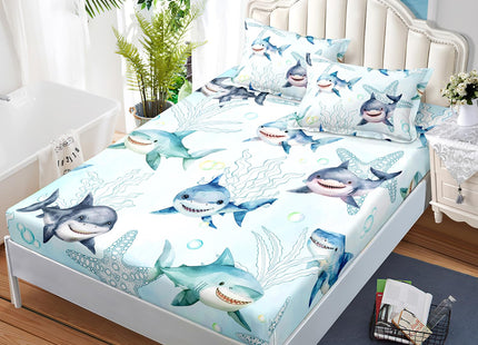 AILONEN Shark Fitted Sheet Set Twin XL Size for Boys Kids - Ocean Blue Starfish Bed Sheet With 2 Pillowcases, 3 Pieces