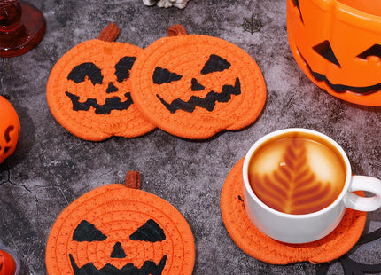 Whaline 4Pcs Halloween Pumpkin Handmade Braided Cotton Coasters Orange Black Pumpkin Shape Drink Coasters Absorbent Cup Mat for Home Office Party Decor, 4.7 Inch