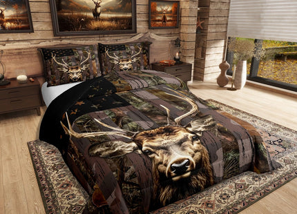 Deer Comforter Sets Full for Boys Kids Teen Men,American Flag Camo Bedding Sets Hunting Comforter Set Woodland Moose Wildlife forest Bed Set, With 1 Western Comforter 2 Country Pillowcases,Black Brown