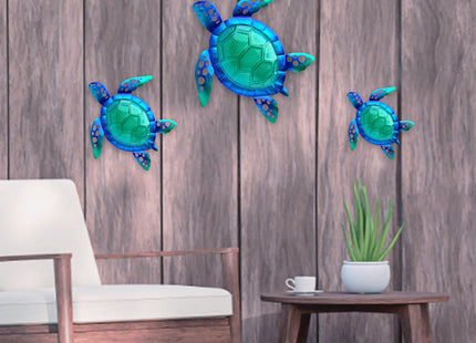 JOYBee Sea Turtle Wall Art Decor, Metal & Glass Sea Life Nautical Home Wall Hanging Decor,Ocean Theme Coastal Decorations for Indoor Outdoor Bathroom and Garden-Blue（Set of 3）