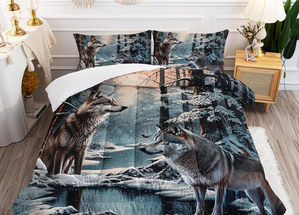 AILONEN Snow Wolf Comforter Set Queen Size, Brown Wolf Bedding Set,Snowfield Forest Animals Printed Comforter Sets,Teen Boys Breathable Duvet Set 3 Pieces, 1 Quilt and 2 Pillowcases