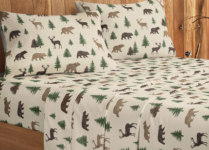 Wake In Cloud - Cabin Bed Sheets, 4-Piece Sheet Set, Rustic Lodge Western Country Bear Deer Wildlife Forest Theme Bedding, Deep Pocket, Green Brown, Queen Size