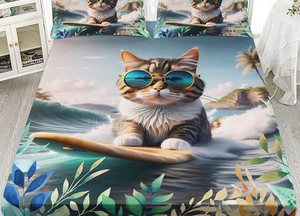 AILONEN Cat Fitted Sheet Set - Twin Size, Beach Ocean Bedding, Pillowcases