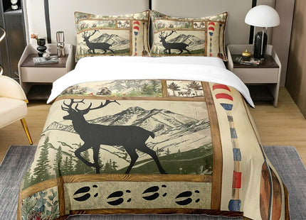 100% Cotton Farmhouse Lake House Decor Duvet Cover Twin, Rustic Hunting Deer Comforter Cover for Kids Boys Girls Teens, Retro Wild Animals Bedding, Woodland Pine Tree Paddle Plaid Decor Quilt Cover