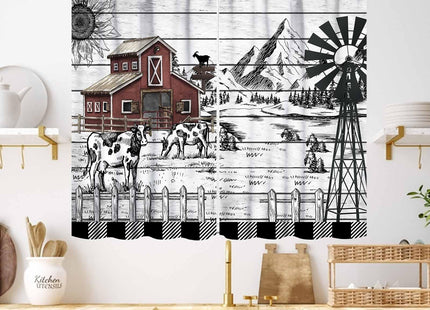 Lnepty Rustic Farmhouse Kitchen Curtains,Retro Animal Farm Cow Wood Wooden Country Cabin Black White Western Window Treatment Drapes for Bedroom Living Room 2 Panels,55X39 Inch