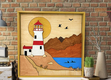 ImprovingLife Wall Art Decor Lighthouse on the Cliff Landscape Wood Sculpture 3D effect