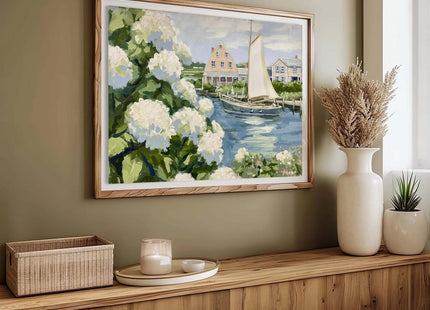 Vintage Sailboat Poster Hydrangea Coastal Picture 16x24 Inch Unframed