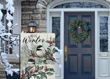 Hzppyz Hello Winter Chickadee Birds Garden Flag Double Sided, Red Berries Pine Tree Branch Farmhouse Decorative Yard Outdoor Home Small Decor, Snowy Forest Christmas Outside House Decoration 12 x 18