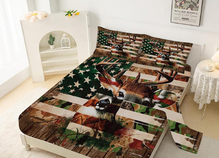 kxry Deer American Flag Fitted Sheet Set 4 Pieces Hunting Bedding Queen