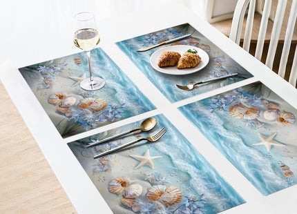 Beach Seashell Placemats Set of 6, 12x18 Inch Summer Coastal Table Place Mat Starfish Washable Non-Slip Heat Resistant Fabric Placement Mats for Dining Kitchen Indoor Outdoor Decor
