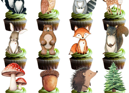 48 Woodland Cupcake Topper, Forest Animal Cupcake Toppers for Woodland Baby Shower Decorations, Neutral Forest Animals Gender Reveal Party Supplies