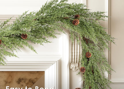 WBHome 2pcs Real Touch Cypress Cedar & Pine Cone Evergreen Garland for Christmas Holiday Seasonal Outdoor/Indoor Home Decor, 9FT Long