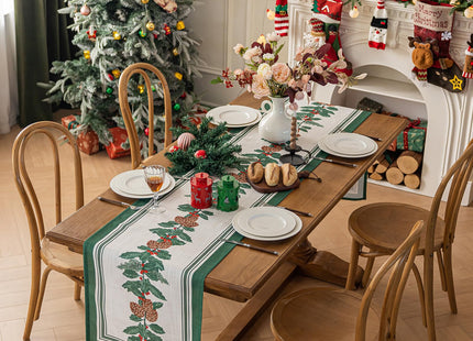 Midsummer Breeze Christmas Table Runner – Pinecone & Holly Design, 18”x90” inches Long, Winter Dining Holiday Décor-Green