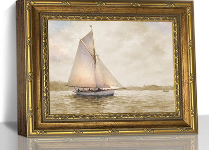 Vintage Sailboat Nautical Landscape Wall Art, Gold Framed Canvas Print