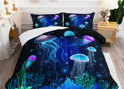 AILONEN Jellyfish Printed Twin Size Comforter Set for Boys Girls Kids,3 Pieces Ocean Animal Theme Bedding Set,Blue Ocean Starry Bed in a Bag Quilt with 2 Pillowcases