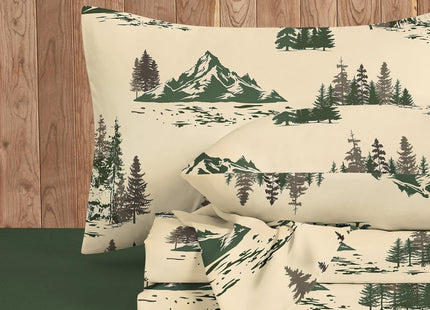 Wake In Cloud - Rustic Bed Sheets, 4-Piece Sheet Set, Cabin Forest Woodland Camping Theme with Lodge Mountain Pattern Printed Bedding, Deep Pocket, Green Brown, Queen Size
