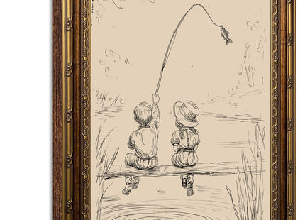 Vintage Gold Framed Wall Art, child Fishing Sketch Canvas Print, 16x12 In