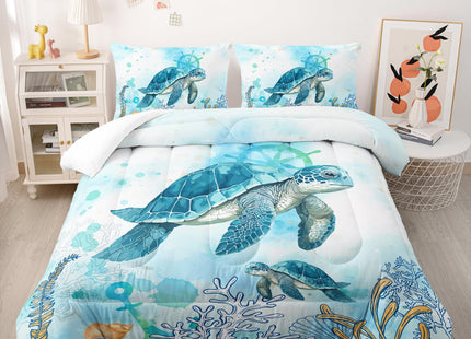 Nttopship Azure Sea Turtle Comforter Set - Twin Size, Ocean Theme Bedding Set for Kids - All Season Comforter and 2 Pillowcases