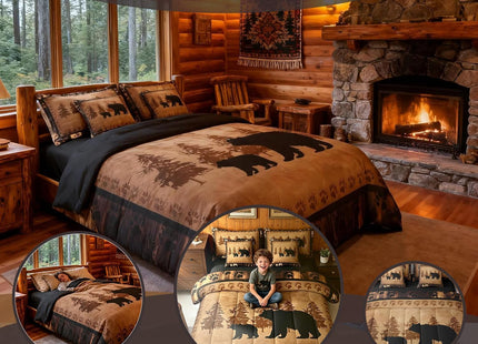 Feelyou Bear Comforter Set King Size 7 Pcs Cabin Lodge Bed in a Bag Rustic Wild Animals Bedding Farmhouse Hunting Bed Set with Sheets, Pillowcases, Pillow Covers