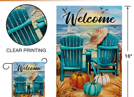 Hzppyz Welcome Fall Sea Pumpkin Garden Flag Double Sided, Autumn Beach Ocean Chairs Coastal Decorative Yard Outdoor Home Small Decor, Seagull Sailboat Nautical Outside House Decoration 12 x 18